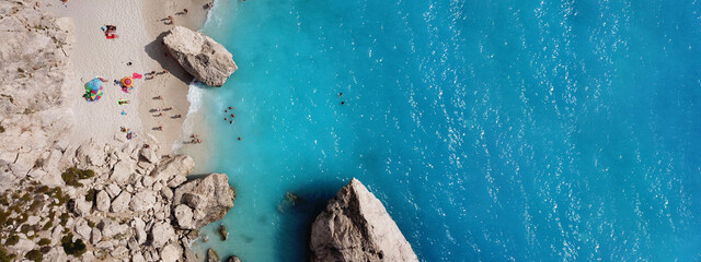 Aerial drone ultra wide photo of famous paradise beach of Kathisma with crystal clear turquoise...