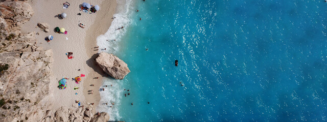 Aerial drone ultra wide photo of famous paradise beach of Kathisma with crystal clear turquoise sea, Lefkada island, Ionian, Greece