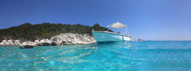 Underwater split ultra wide photo of paradise bay and beach of Voutoumi in island of Antipaxos with...