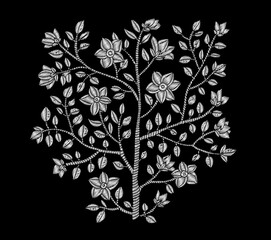 Embroidery tree, blossom branch, flower. Botanical ethnic, folk art. Border frame. Bohemian, boho fashion. Vector hand drawn artwork. Sewing stitch. Black and white, monochrome