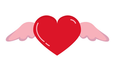 Cute red heart with wings emblem. Vector illustration isolated on white. Valentines day, love, affection, romantic clip art. Flat style.