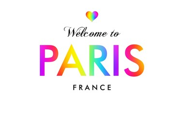 Welcome to Paris France card and letter design in rainbow color.