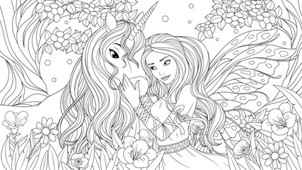 Vector illustration, lovely fairy and little unicorn in the fairy forest