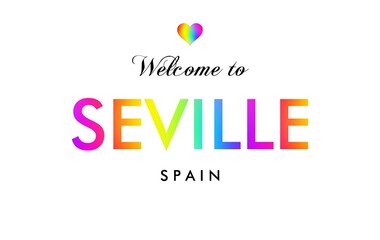 Welcome to Seville Spain card and letter design in rainbow color.
