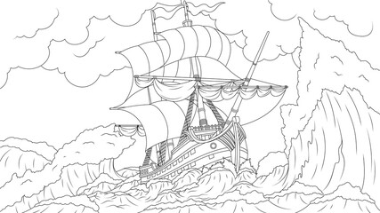 Vector illustration, old ship sailing in a storm, wrecked
