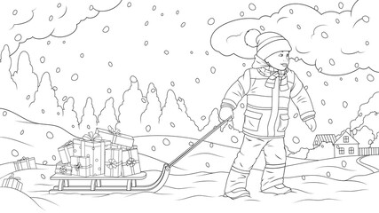 Vector illustration, a boy carries gifts on a sled