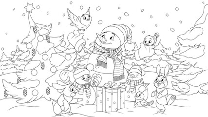 New Year in the forest snowman and little animals, coloring