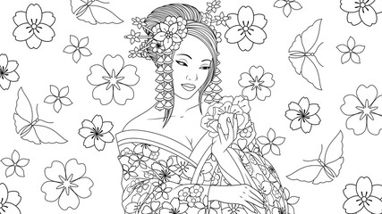 Fototapeta na wymiar Vector illustration, beautiful geisha girl admires a flower