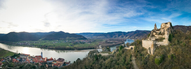 Durnstein ruin in the Wachau Valley region. Aerial view to the famous landmark in Lower Austria.
