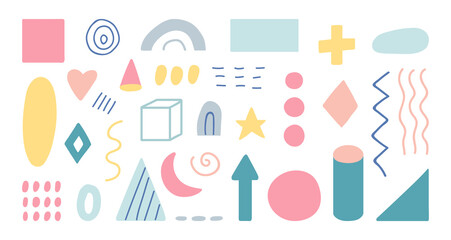 Geometric shapes set. Unique hand drawn geometric templates. Organic shapes in pastel color. Memphis design elements for social media. Minimal texture. Vector illustration