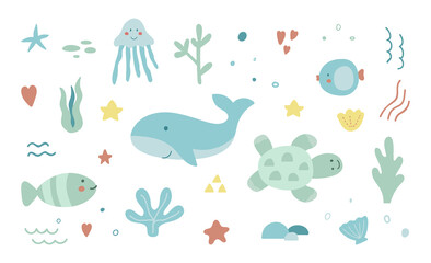 Speichern Sie die von Hand gezeichneten Meereslebenselemente des Ozeans. Einzigartige Meereslebewesen. Sammlung von Ökologie-Aufklebern. Meeresfauna mit Wal, Muschel, Schildkröte, Korallen. Doodle Unterwasser-Meereslandschaft. Vektorillustration