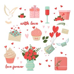 Valentine Day, romantic date or love set in flat style. Letters with hearts, cute gifts, dove, sweet cupcake isolated on white background. Design element collection for greeting cards, decorations.
