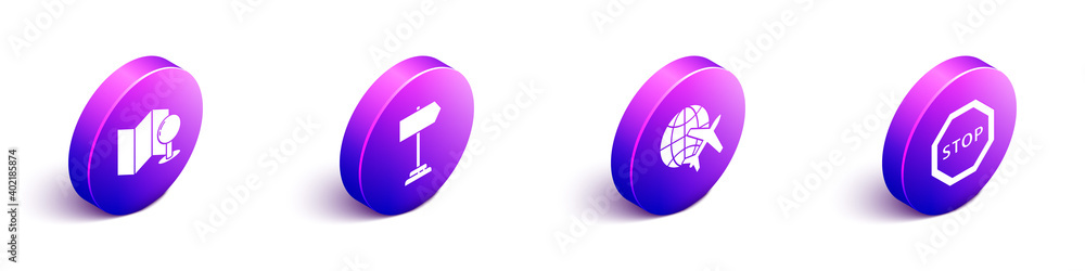 Poster set isometric folded map with push pin, road traffic sign, globe with flying plane and stop sign ico