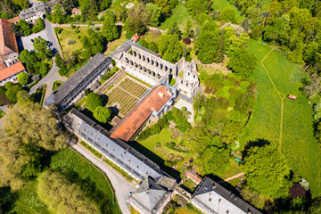 Aerial view of Arnsburg monastery near Lich, Arnsburg, Hesse, Germany,