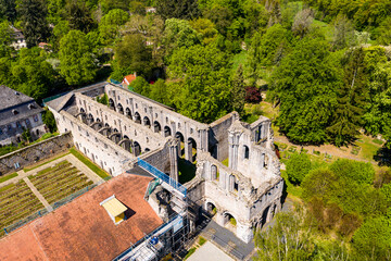 Fototapeta na wymiar Aerial view of Arnsburg monastery near Lich, Arnsburg, Hesse, Germany,