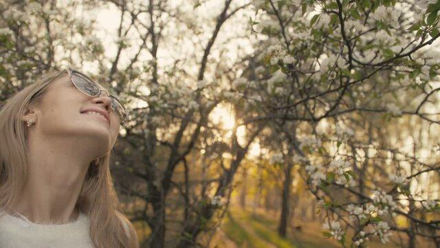 Attractive young woman in sweater, jeans is dance and spinning among blossom apple tree. Sunset, spring orchard and green field. Slow motion. Caucasian one girl, long fluttering hair. Sun glasses.