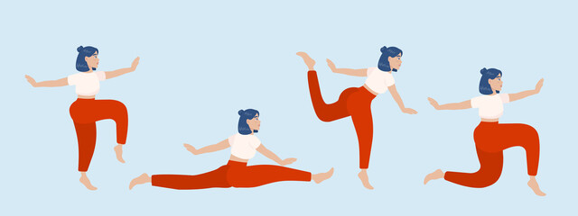 Set of vector silhouettes of woman doing yoga exercises. Colored icons of a girl in many different yoga poses isolated on pink background. Yoga complex. Fitness workout.