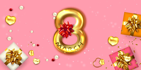 8 march greeting card, banner, flyer with gold number 8 and gift boxes.