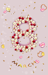 8 march greeting card, banner, flyer with number 8 and decorative  hearts