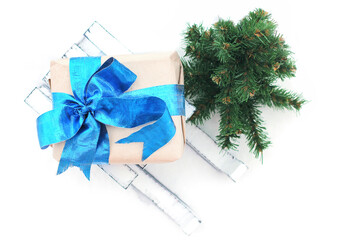 Decorative winter sleigh. White sleigh. A gift on a sleigh. Christmas decor. Good New Year spirit
