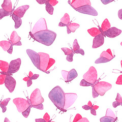 Fototapeta na wymiar Watercolor seamless pattern with pink butterflies. Hand painted fairy butterfly texture isolated on white background. Romantic design for Valentine's day, textile, cards, decoration