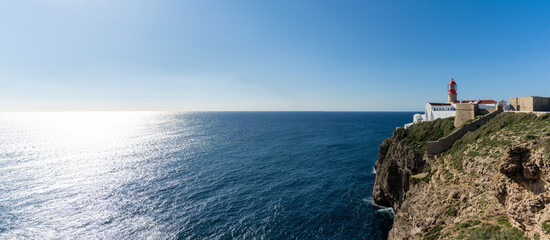 panorama view of the lighthouse at Cabo da Sao Vicente on the Algarve coast of Portugal