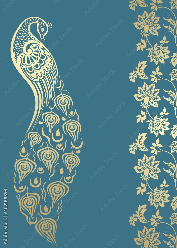 Wall mural peacock, feathers ,wedding card design, royal india