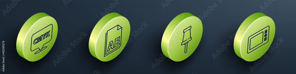 Poster set isometric speech bubble with text cmyk, ae file document, push pin and graphic tablet icon. vect
