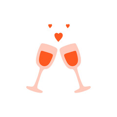 Two glasses with wine and hearts on white background in hand drawn flat style. Vector design for banner, card, wedding, love theme, Valentine's Day