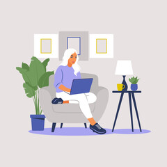 Fototapeta na wymiar Woman sitting with laptop. Concept illustration for working, studying, education, work from home, healthy lifestyle. Can use for backgrounds, infographics, hero images. Flat. Vector illustration.