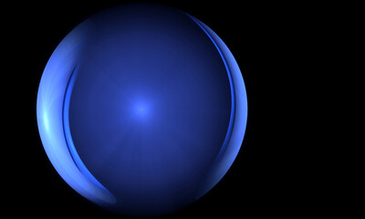 Huge blue luminous and half transparent sphere on black background. Glass or liquid substance in weightlessness. 