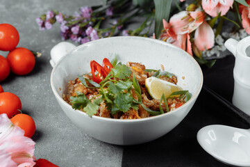Thai rice with chicken and vegetables. place for inscription