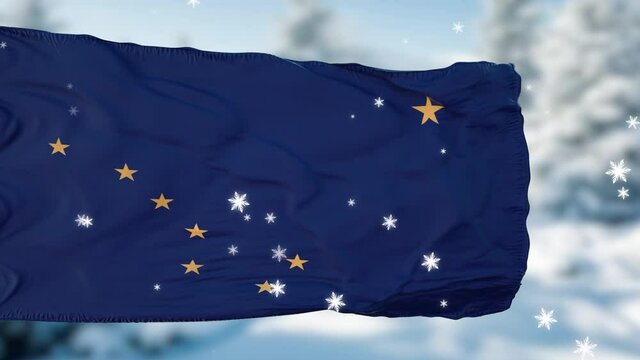 Alaska winter snowflakes flag background. United States of America