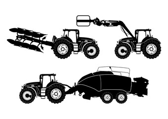 Agricultural tractor. Modern tractor silhouettes with additional equipment. Side view. Flat vector.