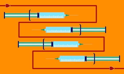 Der lange Weg zur rettenden Impfung um vier horizontal untereinander verteilte Spritzen vor orangem Hintergrund