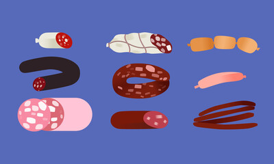 Different types of sausages. Food concept illustration, meat vector icons