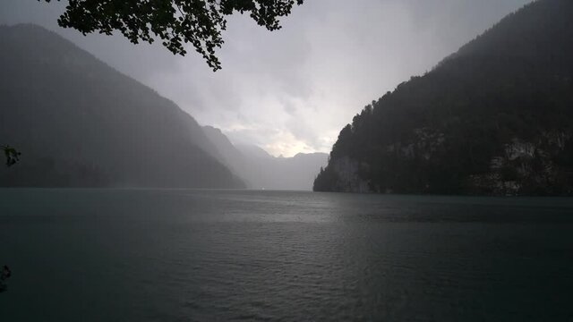 storm by the konigsee Germany with lightning and a lot of rain