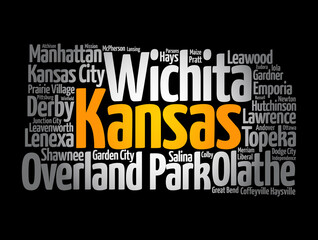 Obraz premium List of cities in Kansas USA state, map silhouette word cloud, map concept background
