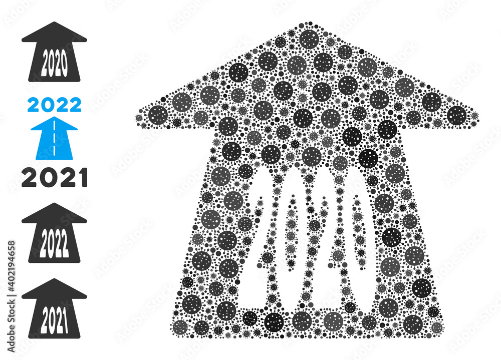 Poster 2020 forward arrow virus mosaic icon. 2020 forward arrow collage is constructed of randomized corona