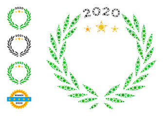 2020 laurel wreath covid virus mosaic icon. 2020 laurel wreath collage is shaped of randomized covid pictograms. Bonus icons are added. Flat style.
