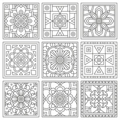 Floral Nature Motive - Coloring Book Vector Illustration In Black and White - Portuguese, Lisbon Tile