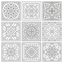 Floral Nature Motive - Coloring Book Vector Illustration In Black and White - Portuguese, Lisbon Tile
