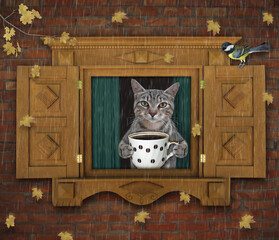 A gray cat with a cup of coffee is looking through the window. It's raining. The autumn has come.