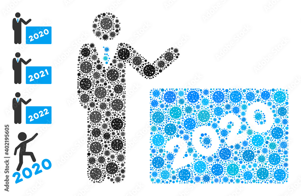 Poster 2020 showing man covid virus mosaic icon. 2020 showing man collage is formed with random pathogen pi