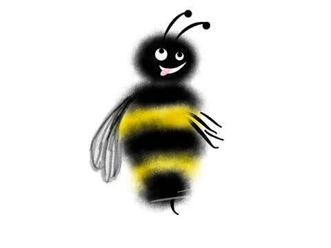 Bee. Striped black and yellow bee, an insect with a flower. Cartoon, funny bee, print on a T-shirt, children`s clothing, a picture on the wall.