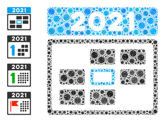 2021 calendar day covid-2019 mosaic icon. 2021 calendar day collage is created of random covid icons. Bonus pictograms are added. Flat style.