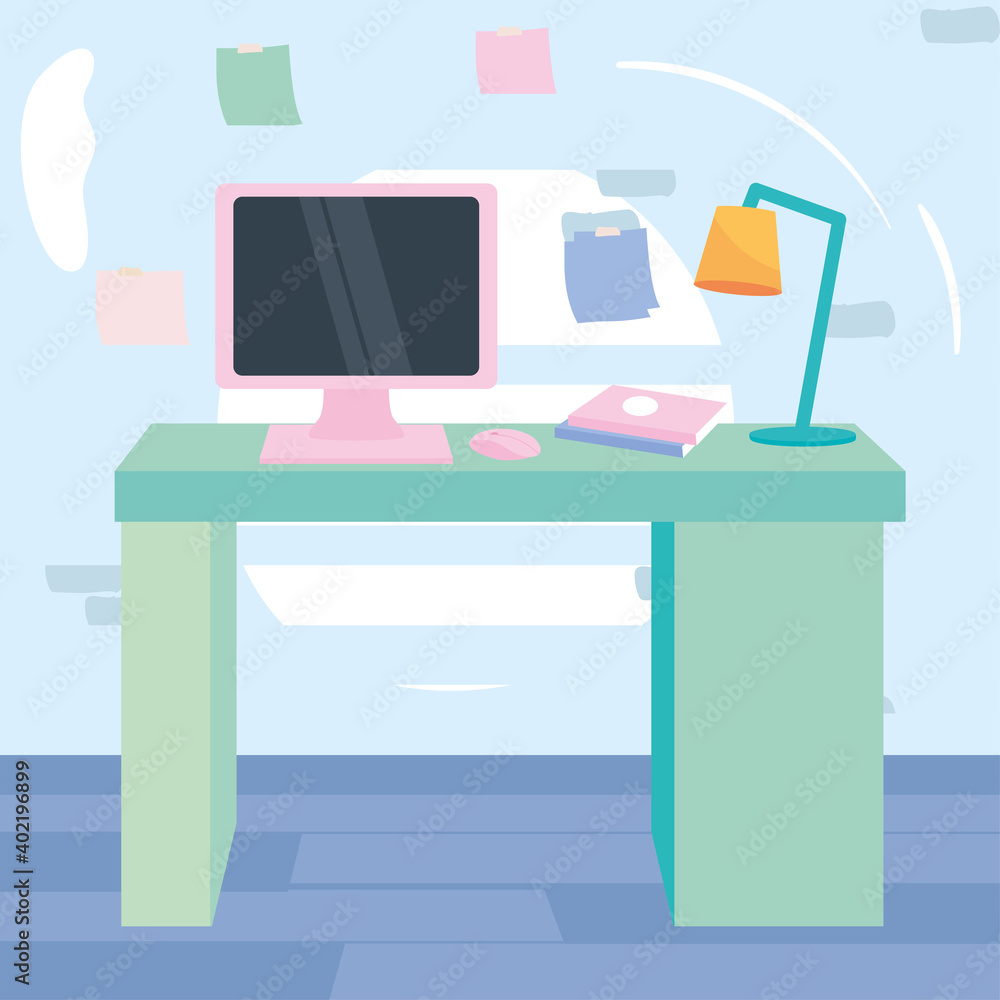 Poster workplace with desk computer and notes vector design