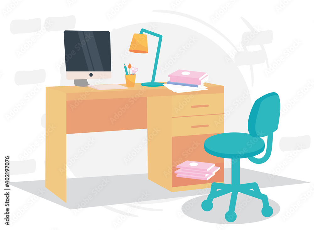 Poster workplace with desk computer and pencils vector design