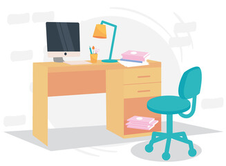 workplace with desk computer and pencils vector design