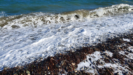 Foaming waves on the seashore. The power of nature.